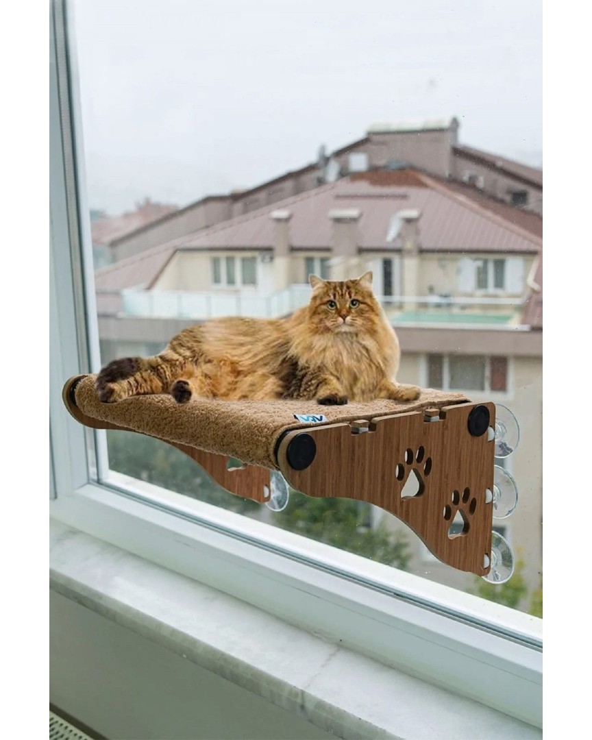 Ahşap Cama Yapışan Vantuzlu Kedi Yatağı (Kahverengi, Büyük Boy) – Sağlam Ahşap Gövde, Dayanıklı Vantuzlu Tasarım, Pencere Önü Kedi Yatağı, Cam Yüzeye Uygun Model, Konforlu Dinlenme Alanı, Kolay Montaj ATAPET